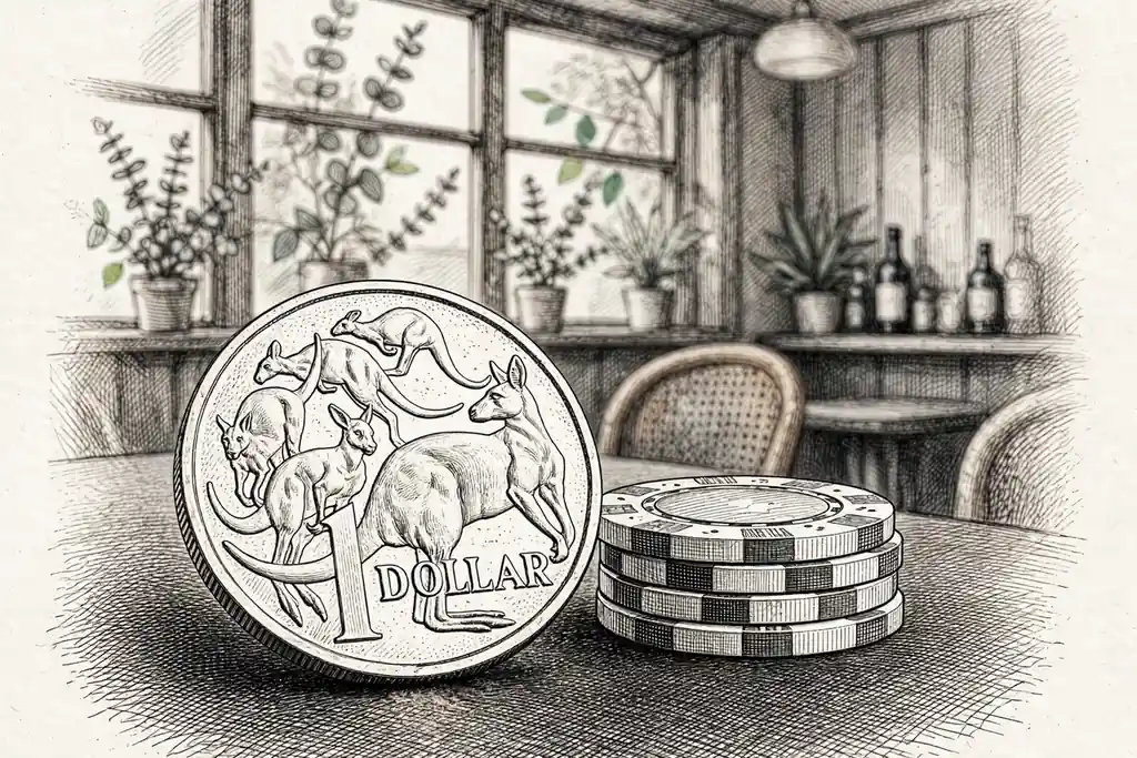 Australian one-dollar coin next to casino chips on a felt table