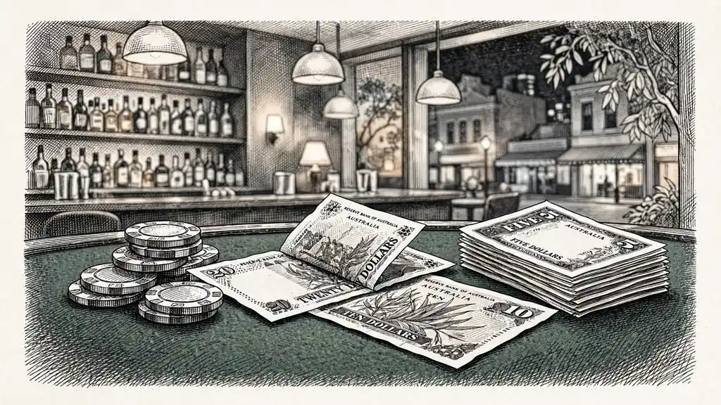 Casino chips with Australian money on a green felt table