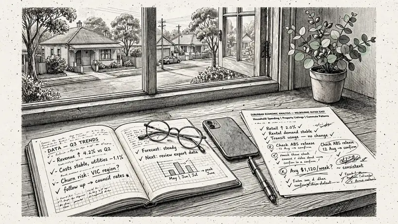 Australian analyst's desk with notebook and notes by a window