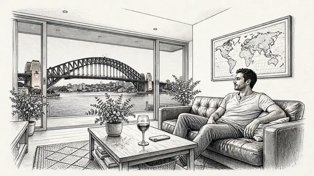 Australian man relaxing in a Sydney apartment lounge with a glass of wine and a smartphone.