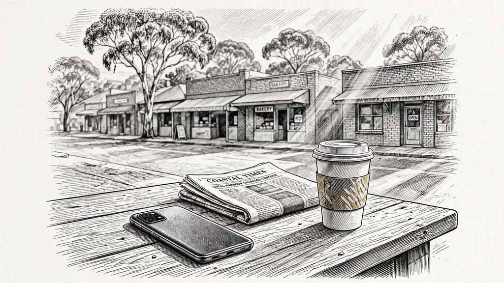 Android phone on a cafe table in an Australian coastal town street.