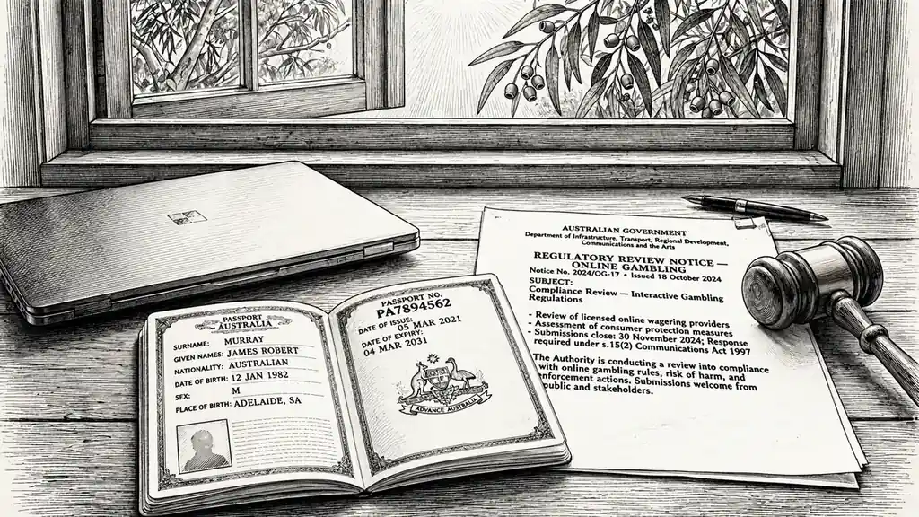 Closed laptop, passport, and gavel on a desk near a window with eucalyptus.