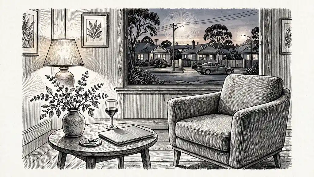 Cozy Australian lounge with armchair, closed laptop, and warm lamp light at dusk.