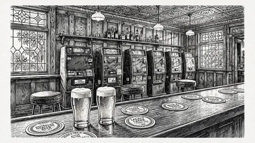 Australian pub interior with pokies machines lined against timber walls