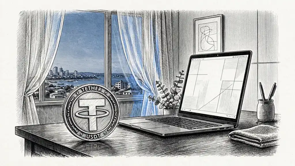 Tether USDT coin on a table near a laptop in an Australian apartment at dusk.