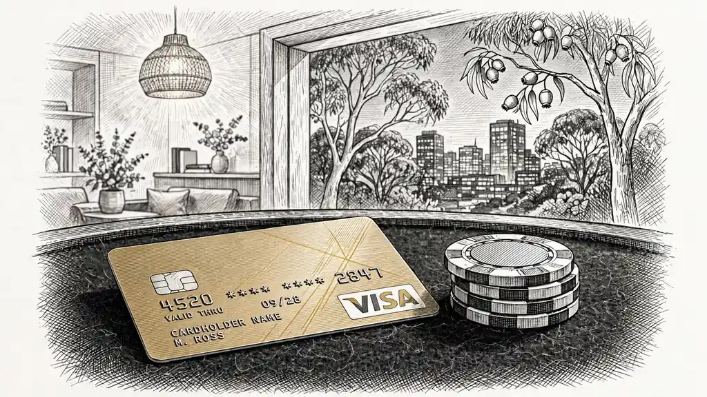 Visa credit card and casino chips on a felt table in an Australian lounge setting.