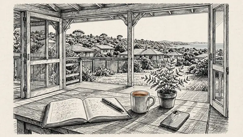 Sunlit home office veranda with notebook, coffee, and a smartphone face-down, Australian coastal suburb in background.