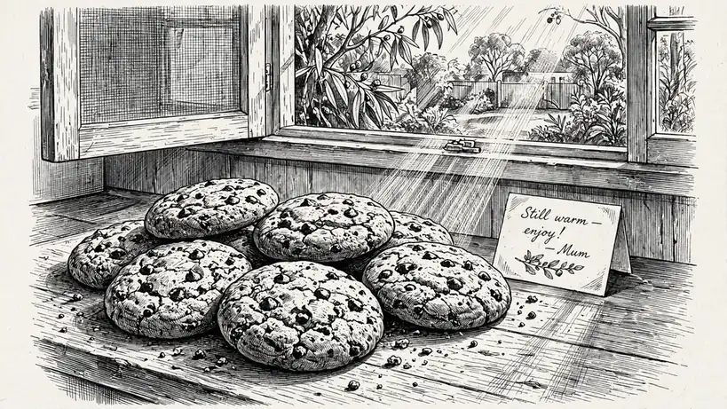 Chocolate chip cookies on a wooden counter with a handwritten note in morning light