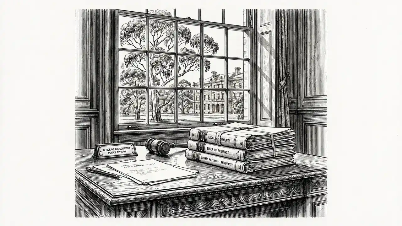 Legal documents and gavel on an Australian government office desk with a sandstone building visible through the window.