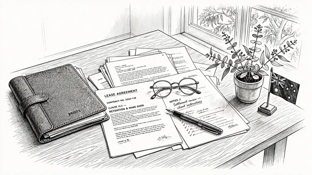 Legal documents, glasses and an Australian flag on a wooden desk in a law office.
