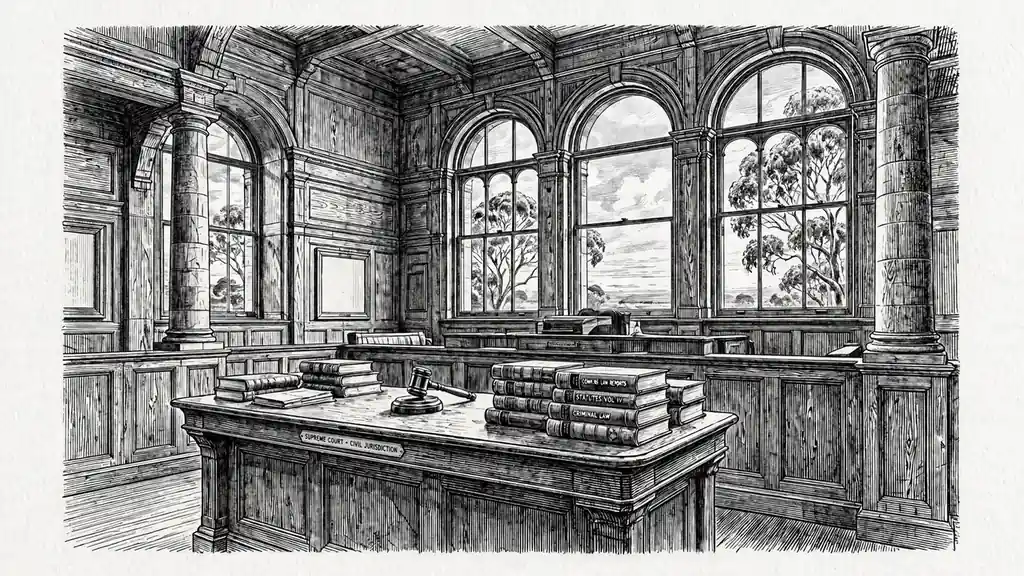 Empty Australian courtroom with gavel and leather law books.