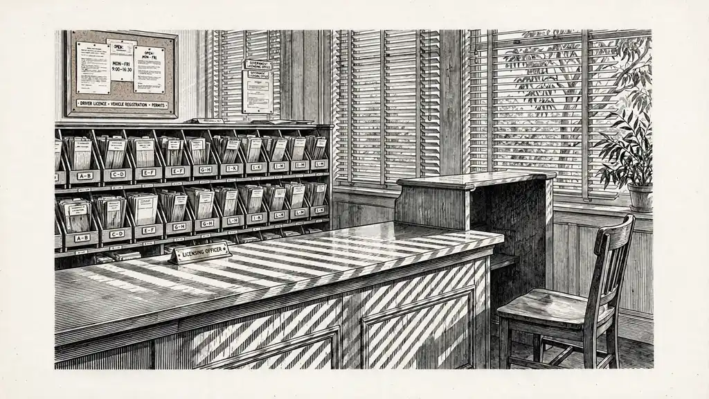 Quiet government licensing counter with empty chair and file trays.