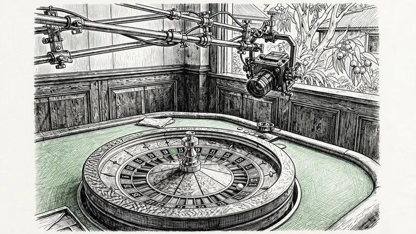 Roulette wheel at rest on green felt beneath an overhead studio camera.