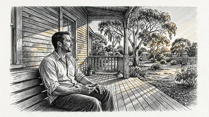 Man on an Australian veranda holding a phone, looking toward the garden.