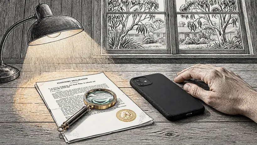 Face-down phone on a desk beside an official document and magnifying glass.