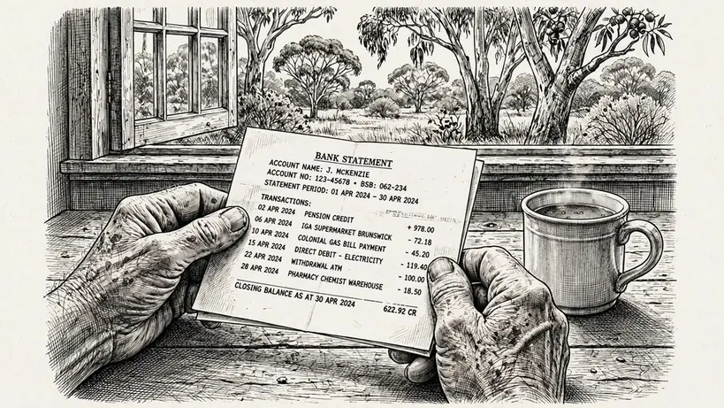 Hands holding a printed bank statement at an Australian kitchen table.