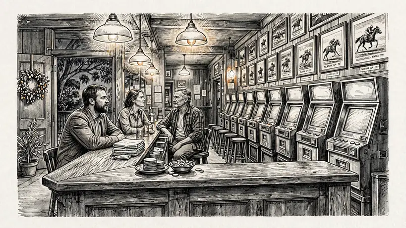 Australian pub interior with rows of pokie machines and patrons at the bar