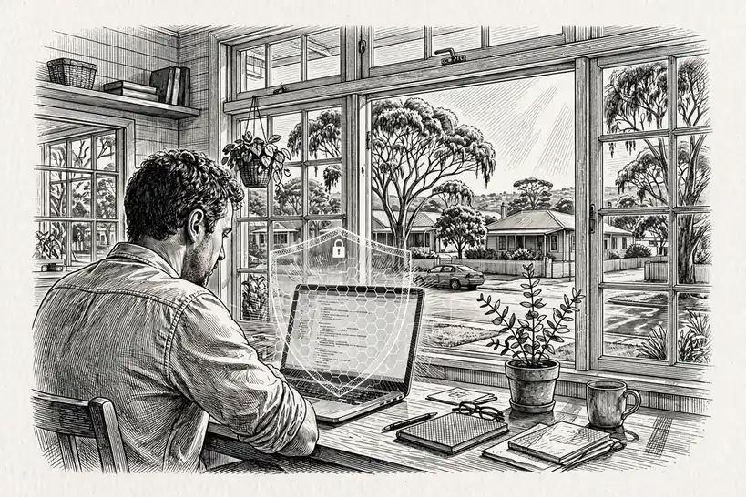 Person at a laptop in a bright Australian home office, with a subtle protective shield around the screen.