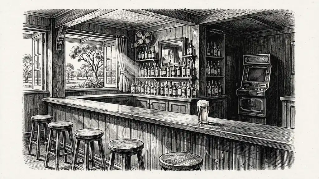 Quiet Australian pub interior with empty bar stools, a half-finished beer, and a switched-off gaming machine in the background.