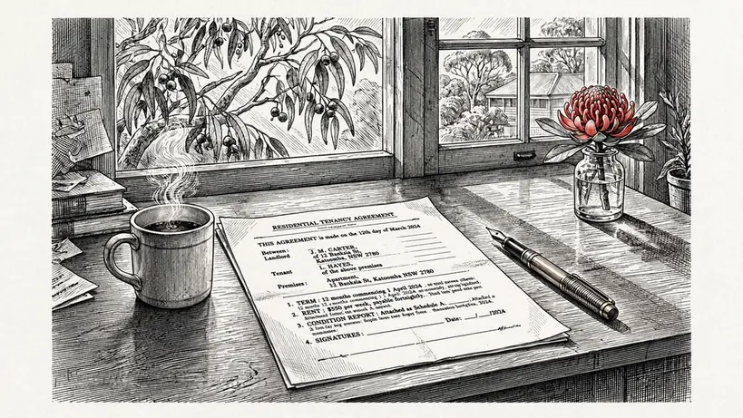 Legal document on wooden desk with brass pen, coffee mug, and eucalyptus outside window